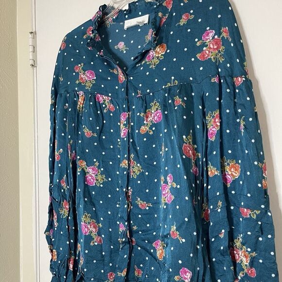 ANTHROPOLOGIE WELLESLEY BUTTON DOWN BLUE FLORAL BLOUSE TOP SIZE MEDIUM - Picture 3 of 9